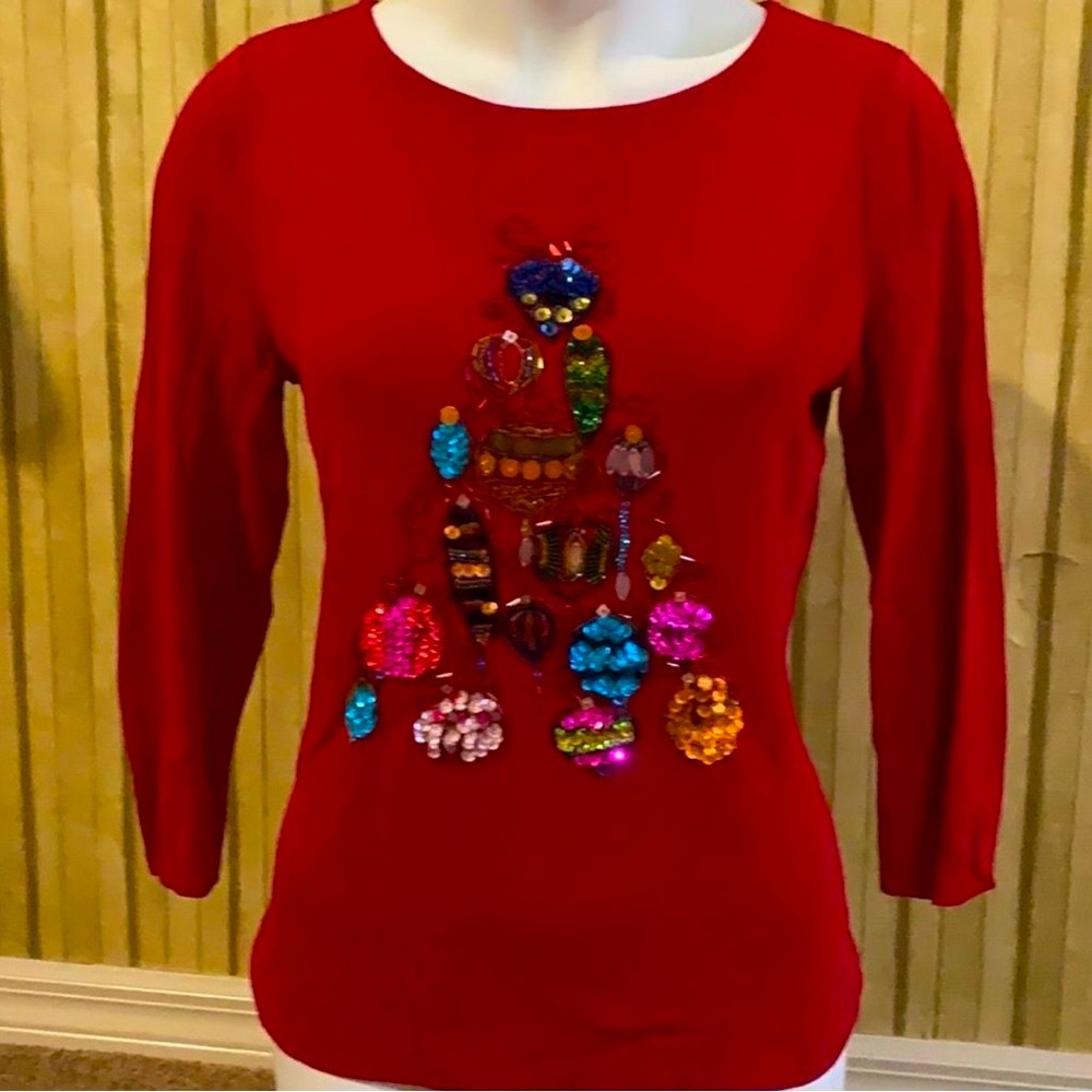 Vintage Lucia Burns Knit Beaded Christmas Top